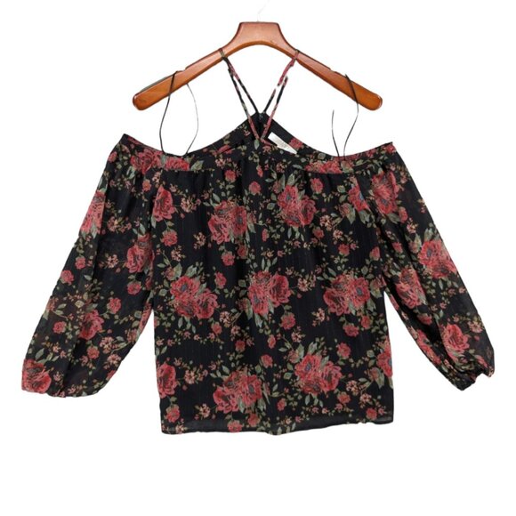 WAYF Liberty Off The Shoulder Blouse Womens Black Red Floral Metallic Size M - Picture 4 of 11